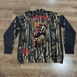 Ed Hardy Gold Born Free Cardigan Jacket Sweater Size L Wool Rhinestone Snake